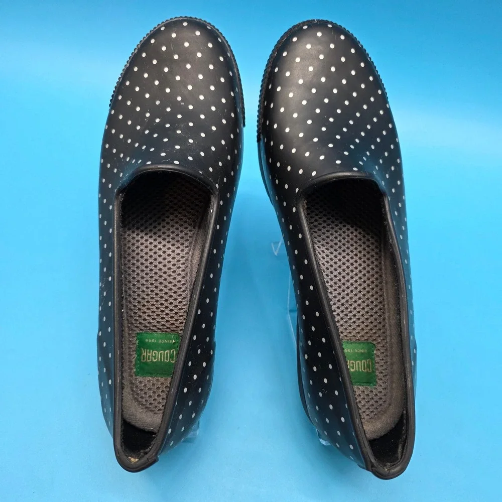 Cougar Womens Black Polka Dot Rubber Rain Shoes Slip On Waterproof Loafers 7